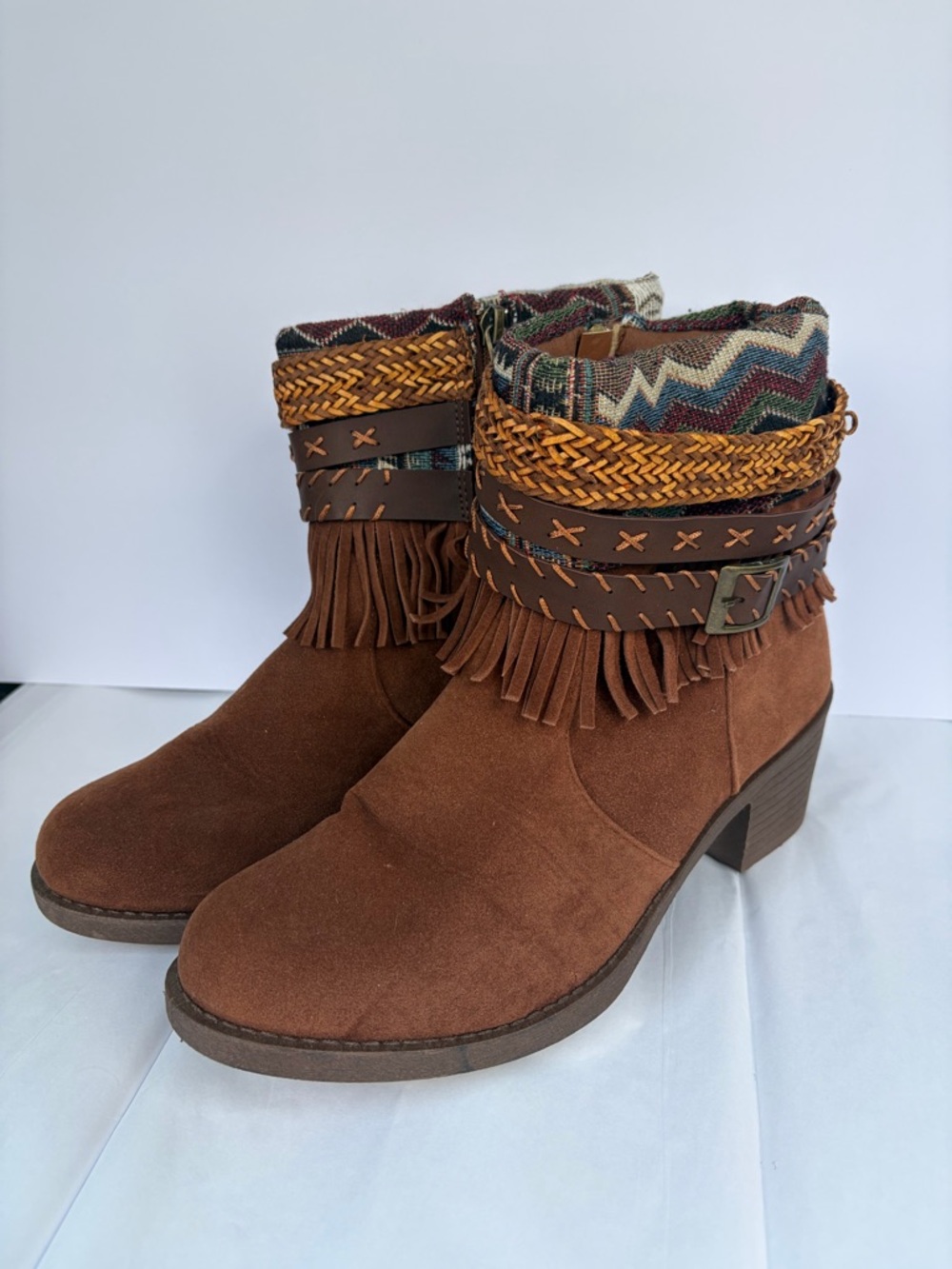 Brown Suede Fringe Ankle Boots with Patterned Cuff